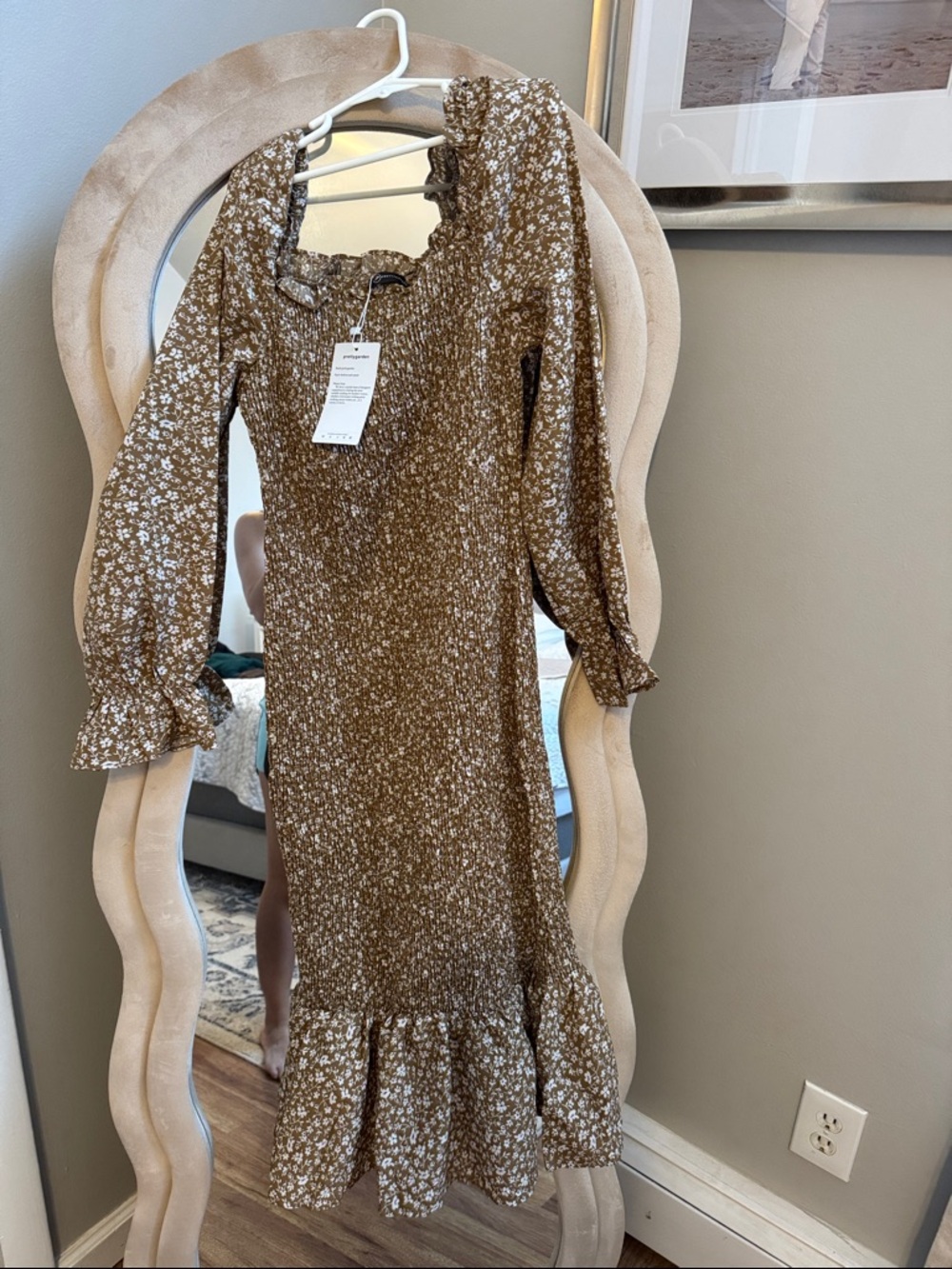 Long Sleeve Brown Floral Smocked Midi Dress - Brand: